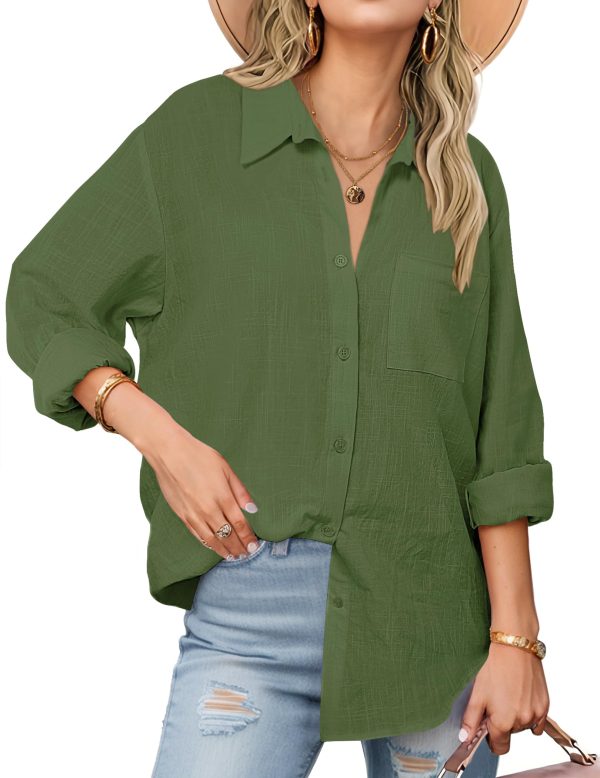 Womens Button Down Shirts Long Sleeve Cotton Gauze Tops Casual Collared Blouses Loose Fit