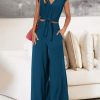 Women's Summer 2 Piece Outfits 2025 Cap Sleeve V Neck Belted Crop Tops Wide Leg Pant Sets Casual Tracksuit