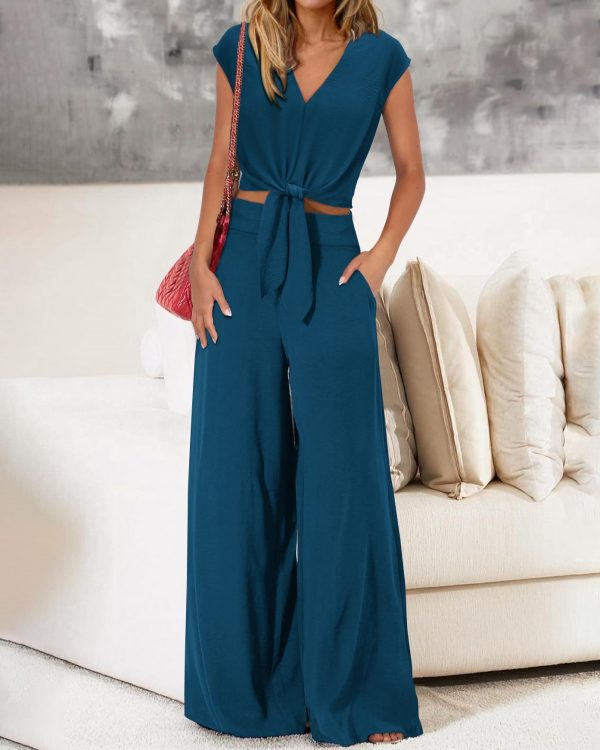 Women's Summer 2 Piece Outfits 2025 Cap Sleeve V Neck Belted Crop Tops Wide Leg Pant Sets Casual Tracksuit