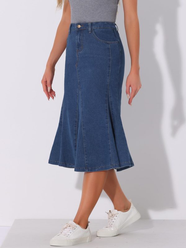 Casual Denim Skirt for Women's High Waisted A-Line Flared Midi Skirts