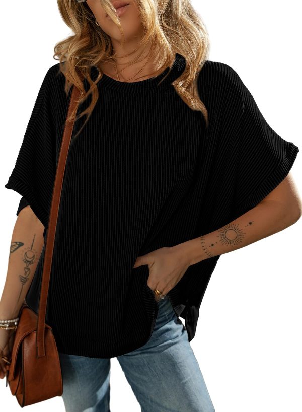 Women's Casual Oversized Short Sleeve Solid Color Loose Texture Knit Tunic Tops Blouses