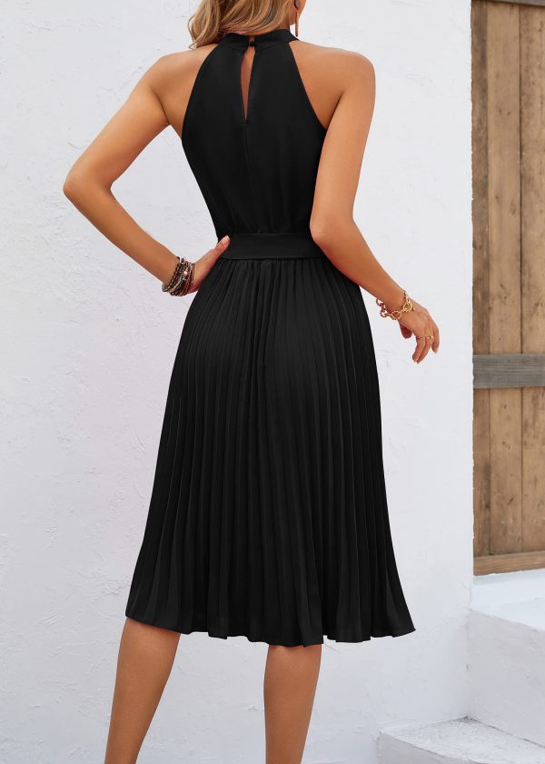 Women's 2025 Summer Sleeveless Halter Neck Pleated Midi Cocktail Dresses A Line Flowy Beach Sun Dress with Belt
