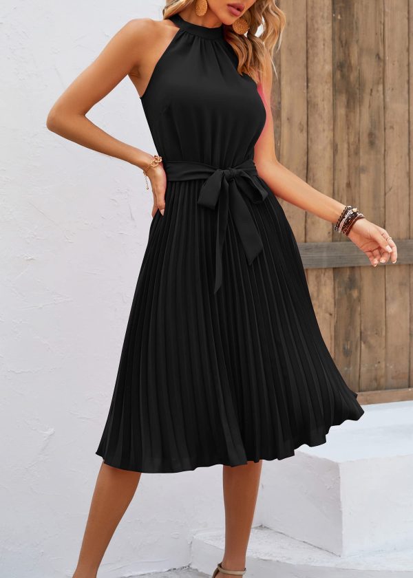 Women's 2025 Summer Sleeveless Halter Neck Pleated Midi Cocktail Dresses A Line Flowy Beach Sun Dress with Belt