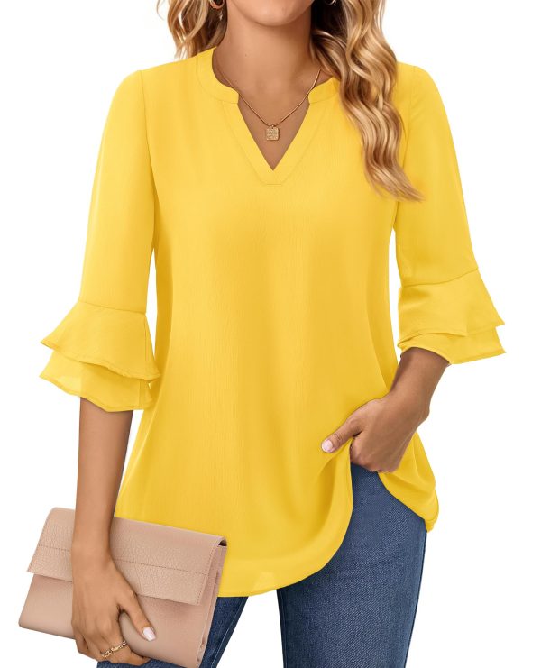 Blouse for Women Dressy Casual Spring Summer 3/4 Ruffle Sleeve Tops Double Layered Business Casual Tunic Work Shirts