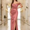 Women's Sexy Off Shoulder Satin High Split Ruched Style Evening Party Maxi Dress