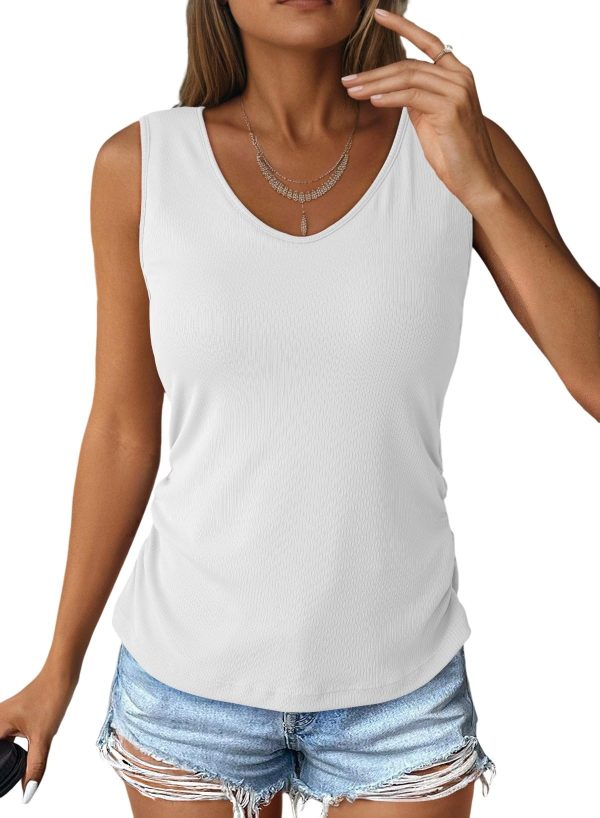 Tank Top with Built in Bra for Women Casual Summer Sleeveless Tops Slim Fitted V Neck Ruched Cami Shirts