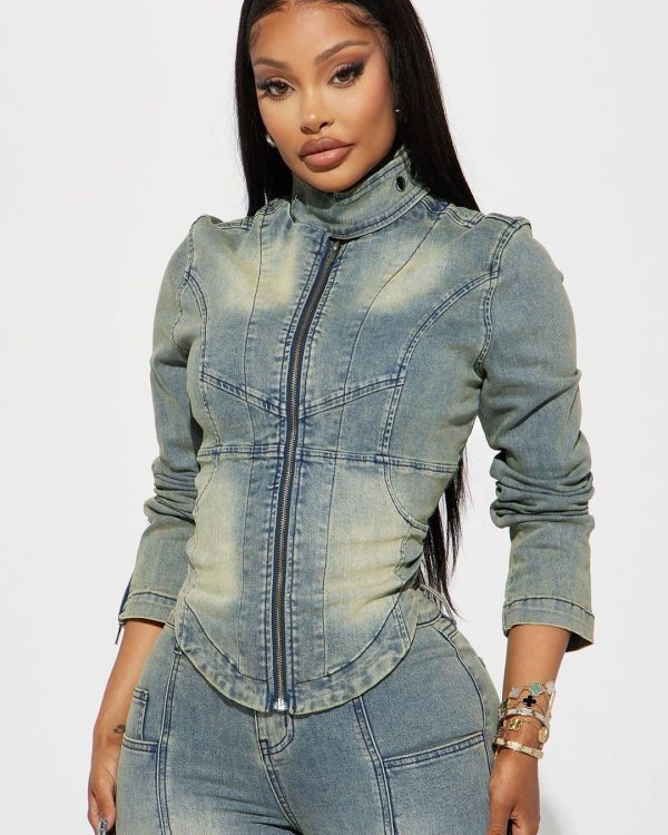 Women's Two Piece Set Denim Outfits Long Sleeve Zip Up Cropped Jean Jacket Bodycon Pants Fall Y2K Outfits Tracksuit