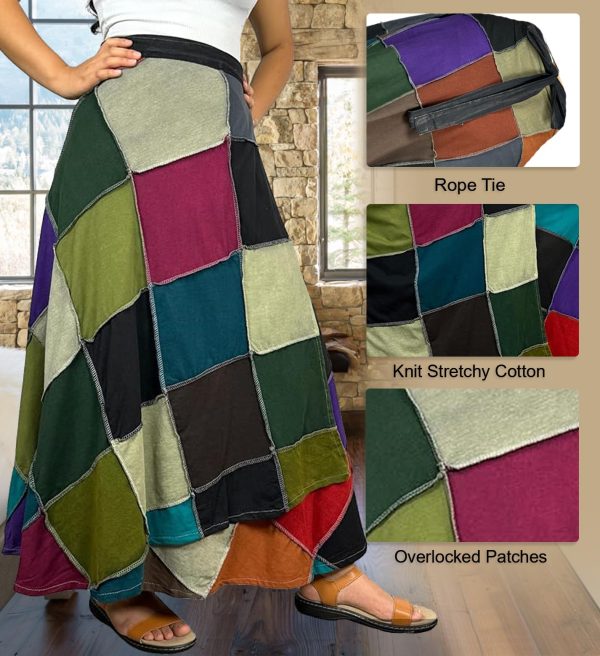 Women's 2025 Spring Distressed Boho Gypsy Hippie Patched Skirt - Adjustable Wrapper Long Skirts for Women