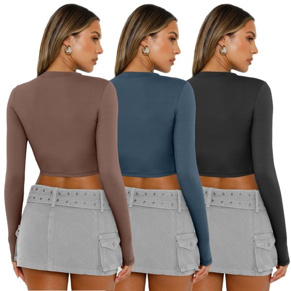 3 Pack Womens Long Sleeve Shirts Y2K Going Out Crop Tops Cute Basic Slim Fitted Fall Fashion Outfits 2025 Clothes