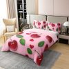 3D Cartoon Cherry Kids Duvet Cover 100% Cotton Queen Size,Botanical Leaves Love Heart Bedding Set for Girls Women,Tropical Fruit
