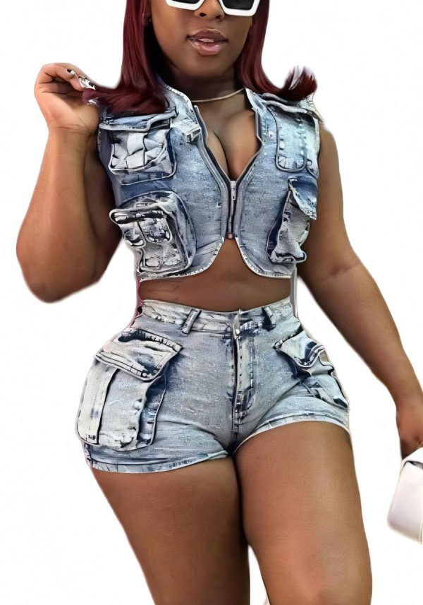 Denim Outfits for Women's 2 Piece Sets Summer Party & Club Cargo Vest Top and Stretchy Jean Shorts Sets 2025