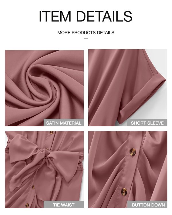 2025 Women Button Down Ruched Shirt Dresses Short Sleeve Lapel V Neck Elegant Party Spring Summer Maxi Satin Dress
