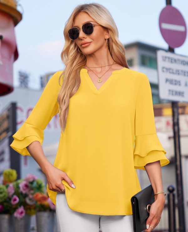 Blouse for Women Dressy Casual Spring Summer 3/4 Ruffle Sleeve Tops Double Layered Business Casual Tunic Work Shirts