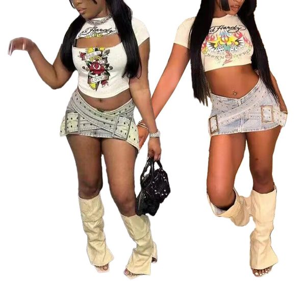 Women Cargo Skirt Buckled Belt Low Waist Slim Fit Mini Skirt Sexy Cargo Jean Skirt Club Party