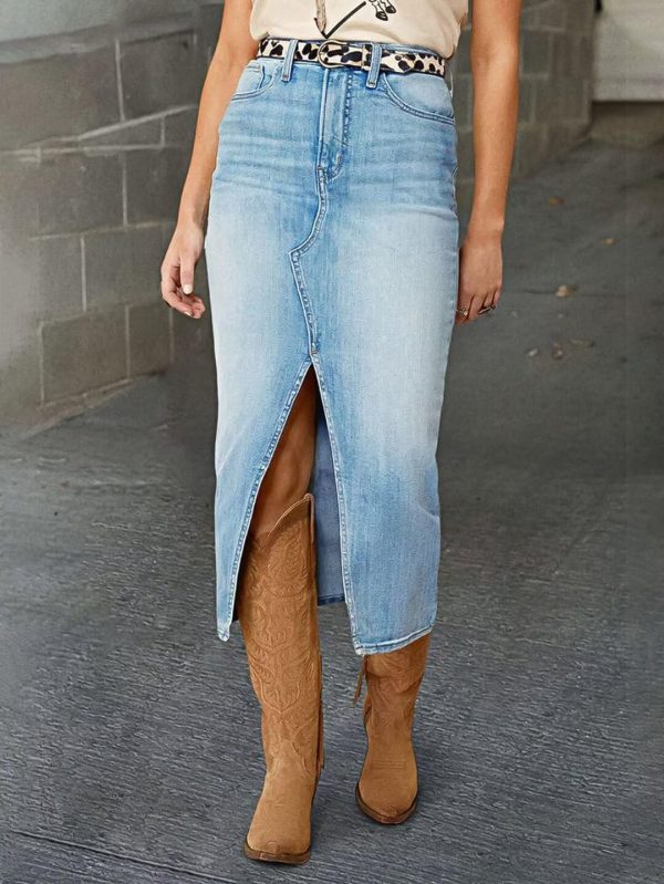 Straight High Rise Vintage Zipped up Wash Split Thigh Midi Denim Skirt Without Belt