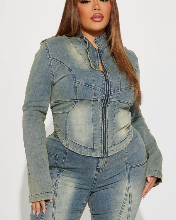 Women's Denim 2 Piece Set Long Sleeve Cropped Jacket Bodycon Pant 2 piece Outfits Vintage Y2K Fall Tracksuit