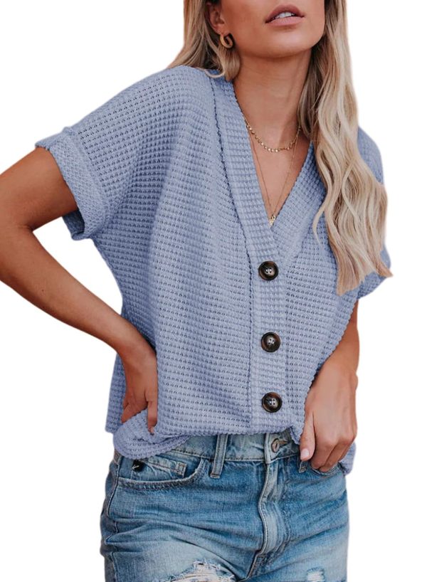 Womens Summer Tops 2025 Waffle Knit Button Down Shirts Casual V Neck Short Sleeve Shacket Jacket Dressy Blouses