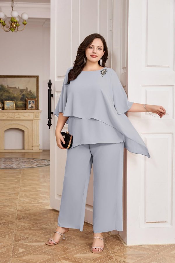 Plus Size Mother of Bride Pant Suits 2 Piece Chiffon Sets Ruffle Layers Wedding Guest Outfit