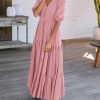 71pDawHV0qL.jpg Women Summer Dresses Short Sleeves V Neck Button Drawstring Maxi Dresses Solid Color Boho Long Dresses