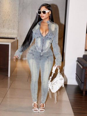 Women's Denim 2 Piece Set Long Sleeve Cropped Jacket Bodycon Pant 2 piece Outfits Vintage Y2K Fall Tracksuit