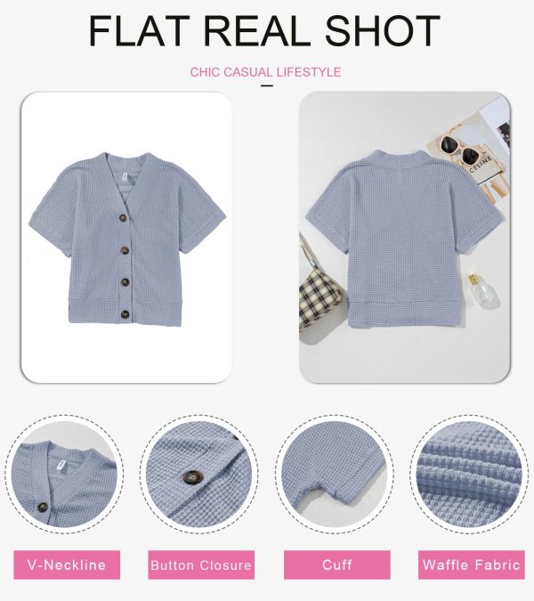Womens Summer Tops 2025 Waffle Knit Button Down Shirts Casual V Neck Short Sleeve Shacket Jacket Dressy Blouses
