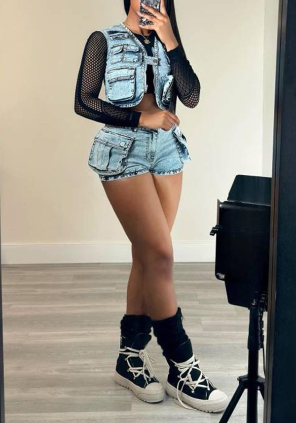 Denim Outfits for Women's 2 Piece Sets Summer Party & Club Cargo Vest Top and Stretchy Jean Shorts Sets 2025