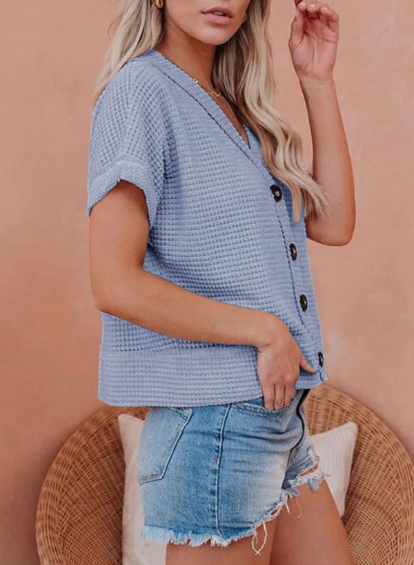 Womens Summer Tops 2025 Waffle Knit Button Down Shirts Casual V Neck Short Sleeve Shacket Jacket Dressy Blouses