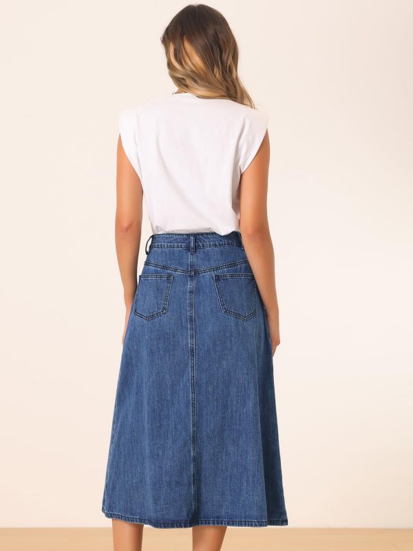 Long Jean Skirts for Women's High Waisted Flap Pocket A-Line Vintage Denim Maxi Skirt