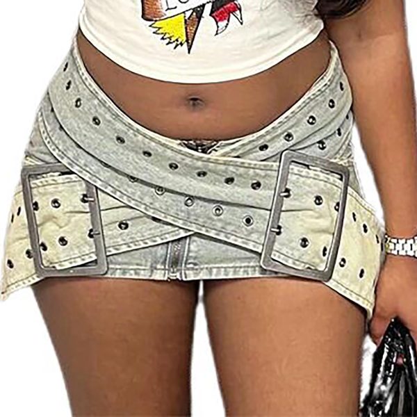 Women Cargo Skirt Buckled Belt Low Waist Slim Fit Mini Skirt Sexy Cargo Jean Skirt Club Party