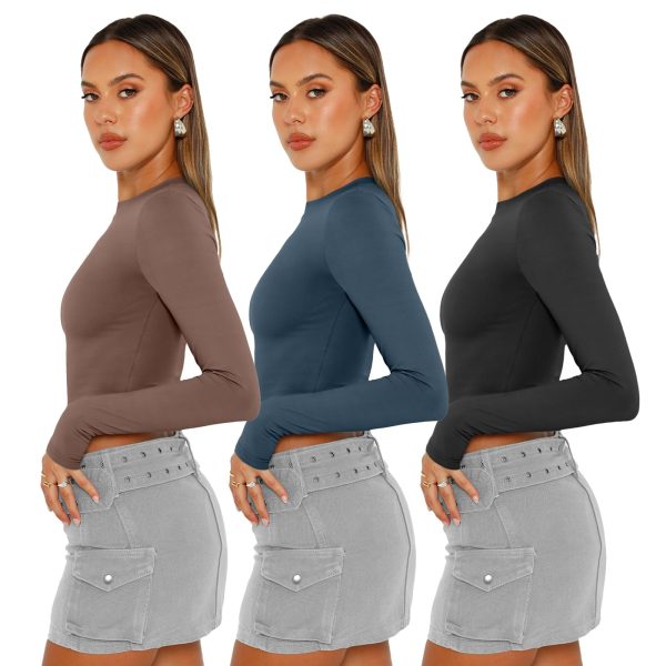 3 Pack Womens Long Sleeve Shirts Y2K Going Out Crop Tops Cute Basic Slim Fitted Fall Fashion Outfits 2025 Clothes