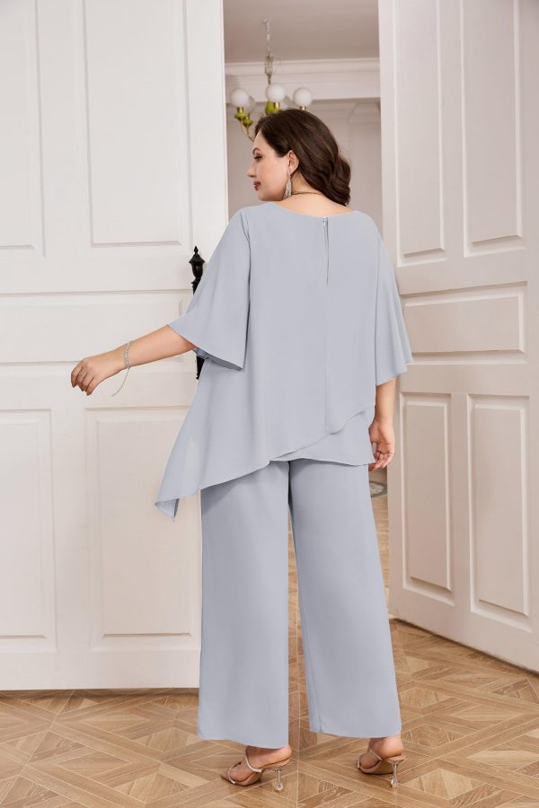 Plus Size Mother of Bride Pant Suits 2 Piece Chiffon Sets Ruffle Layers Wedding Guest Outfit