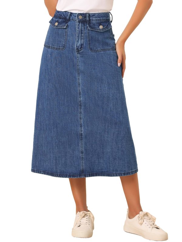 Long Jean Skirts for Women's High Waisted Flap Pocket A-Line Vintage Denim Maxi Skirt
