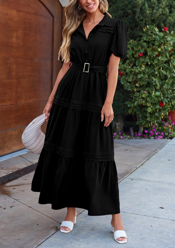 Women's Summer Maxi Dress Puff Short Sleeve Lapel V Neck Tiered A Line Flowy Elegant Party Dresses with Belt