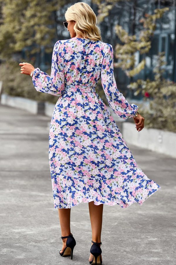 Women's Floral Print Boho Dress Long Sleeve Wrap V Neck Ruffle Belted A-Line Flowy Maxi Dresses