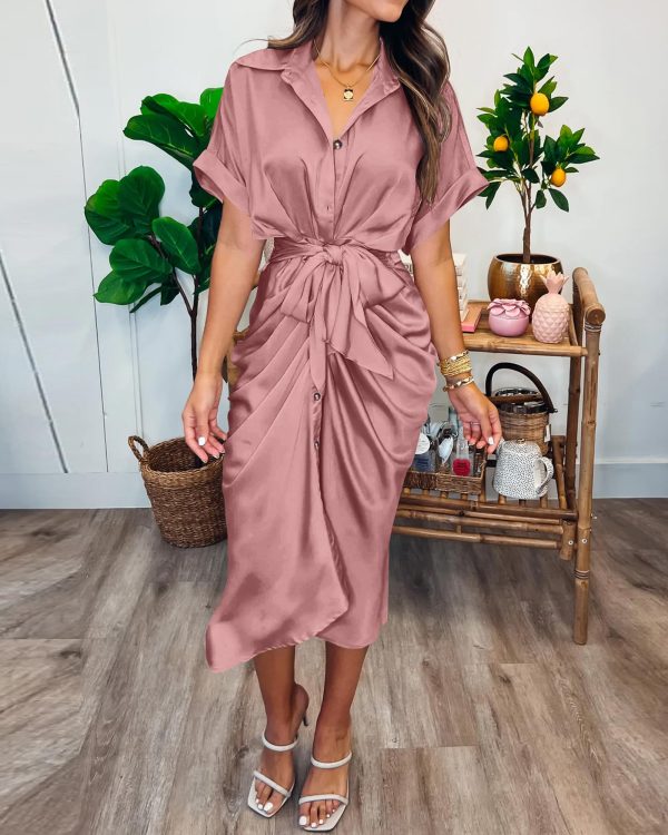 2025 Women Button Down Ruched Shirt Dresses Short Sleeve Lapel V Neck Elegant Party Spring Summer Maxi Satin Dress