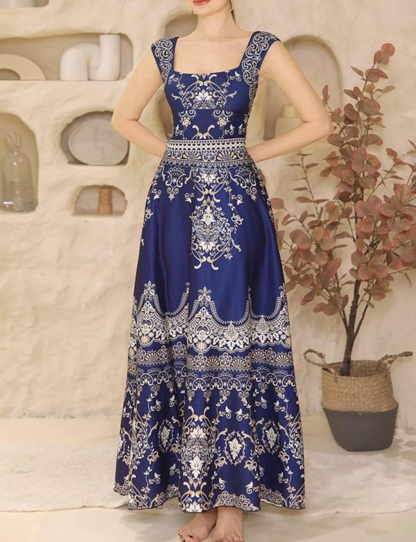 Women's One Piece Royal Blue Baroque Print Bathhing Suits Swimsuit and Skirt
