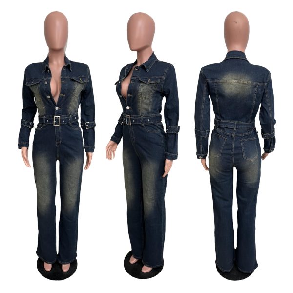 Long Sleeve Denim Jumpsuit for Women Straight Leg Washed Stretch Jean Jumpsuit with Belt Loose Fit Rompers Casual