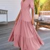 81Igzlo1DtL.jpg Women Summer Dresses Short Sleeves V Neck Button Drawstring Maxi Dresses Solid Color Boho Long Dresses