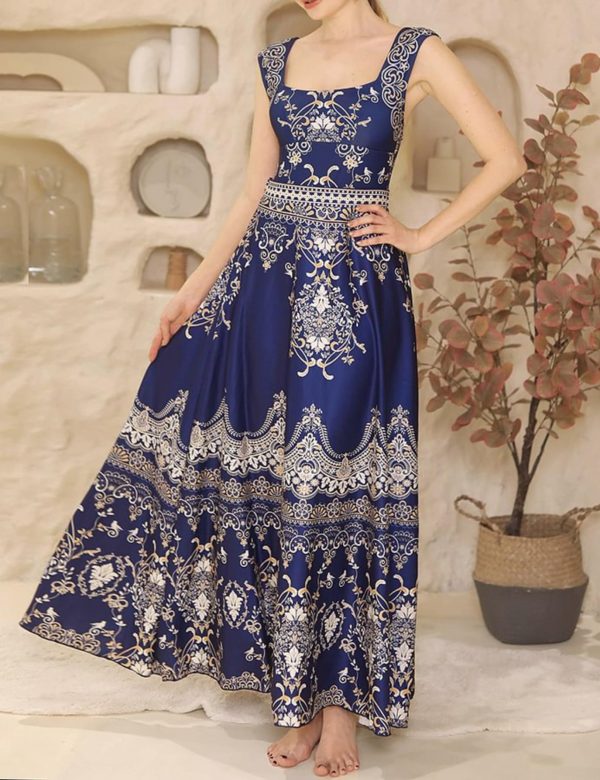 Women's One Piece Royal Blue Baroque Print Bathhing Suits Swimsuit and Skirt