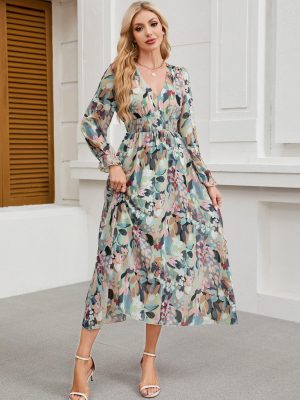 Women's 2025 Floral Summer Maxi Dress, Spring Long Sleeve V-Neck Empire Waist Dress, Flowy Wedding Guest Dresses