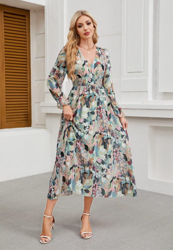Women's 2025 Floral Summer Maxi Dress, Spring Long Sleeve V-Neck Empire Waist Dress, Flowy Wedding Guest Dresses