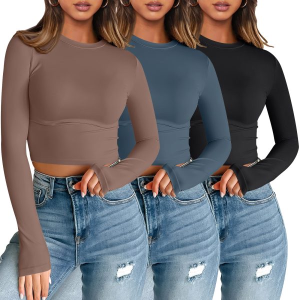 3 Pack Womens Long Sleeve Shirts Y2K Going Out Crop Tops Cute Basic Slim Fitted Fall Fashion Outfits 2025 Clothes