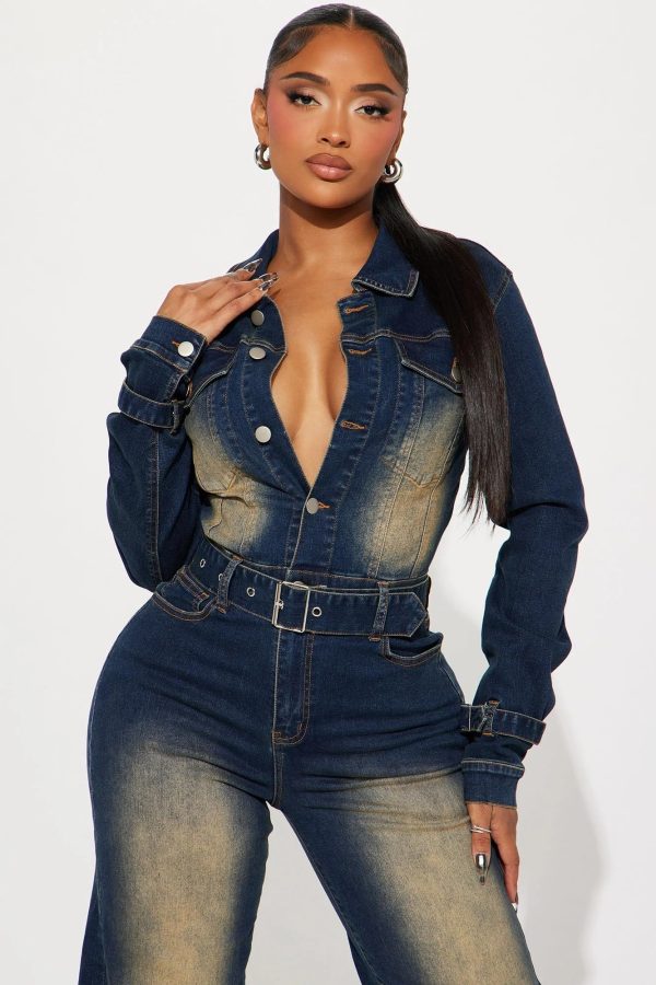 Long Sleeve Denim Jumpsuit for Women Straight Leg Washed Stretch Jean Jumpsuit with Belt Loose Fit Rompers Casual