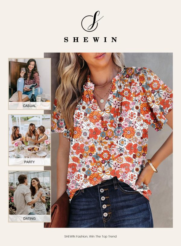 Women's Casual V Neck Floral Print Smocked Short Sleeve Chiffon Blouses Bohemian Top Shirts