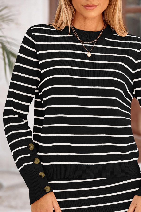 Women's 2 Piece Striped Sweater Set Casual Fall Long Sleeve Knit Pullover Midi Skirts Matching Travel Outfits