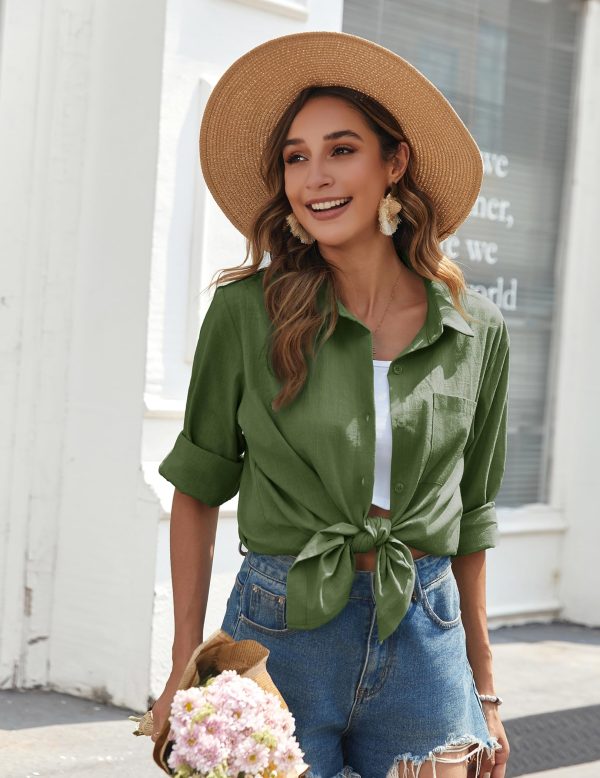 Womens Button Down Shirts Long Sleeve Cotton Gauze Tops Casual Collared Blouses Loose Fit