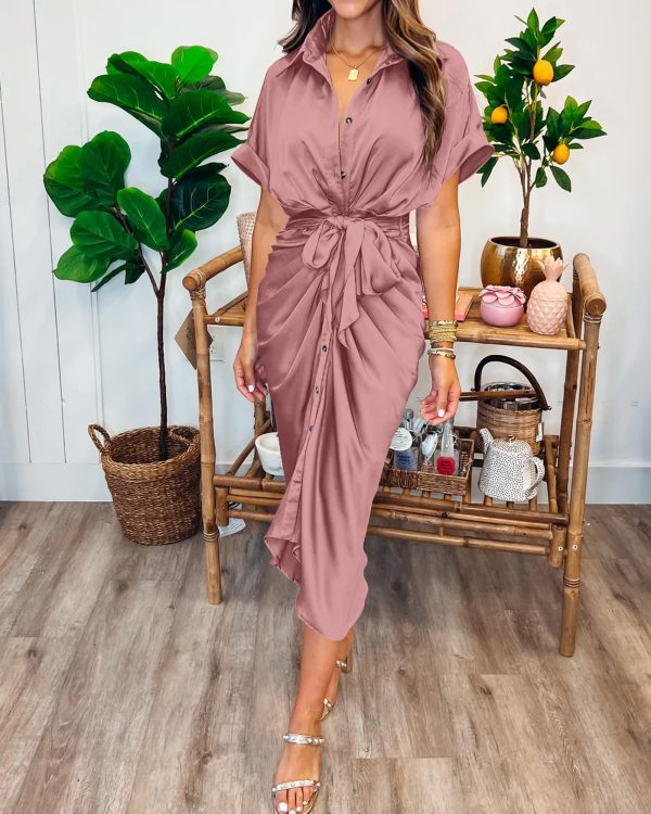 2025 Women Button Down Ruched Shirt Dresses Short Sleeve Lapel V Neck Elegant Party Spring Summer Maxi Satin Dress