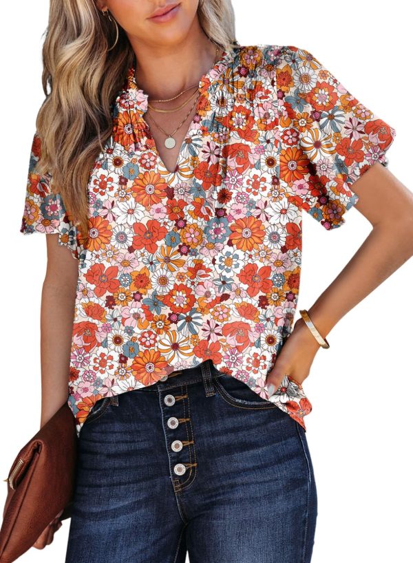 Women's Casual V Neck Floral Print Smocked Short Sleeve Chiffon Blouses Bohemian Top Shirts