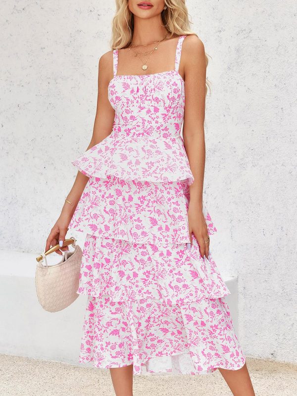 Womens Summer Floral Maxi Dresses Sleeveless Spaghetti Strap Tie Back Ruffle Tiered Flowy Dresses