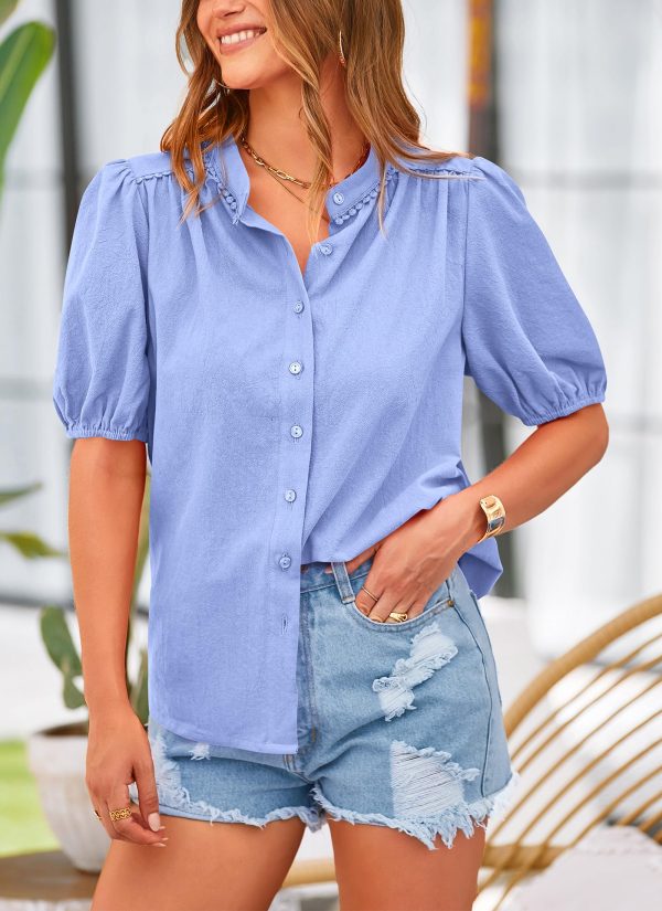 Women's Summer Button Down Shirts Short Lantern Sleeve V Neck Cotton Cute Dressy Casual Ladies Tops Blouses